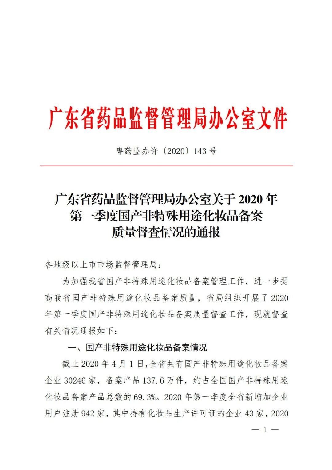 【广州企业法律顾问】关于2020年 第一季度国产非特殊用途化妆品备案 质量督查情况的通报